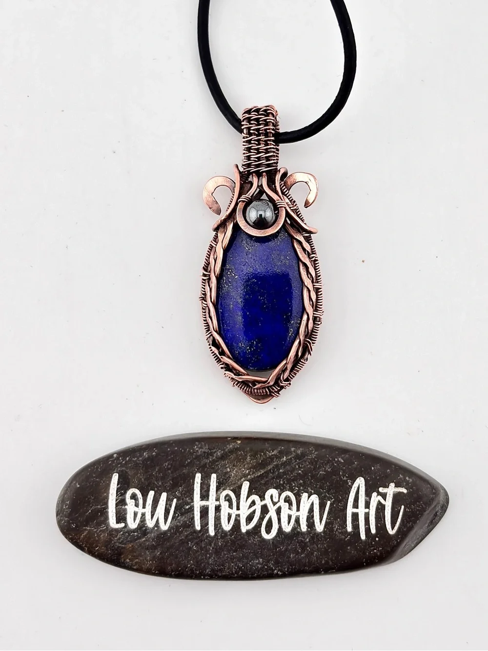 HANDMADE Lapis Lazuli Hematite Copper Wire Wrapped Masculine Pendant Necklace
